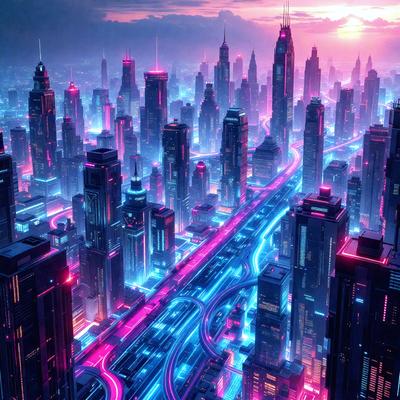 The primary subject of the image is a futuristic cityscape with a pink and blue color scheme. The setting is a city with tall buildings and a highway. The visual style is a digital art or illustration, creating a vibrant and unique atmosphere. The dominant colors are pink and blue, giving the scene a distinct and eye-catching appearance.